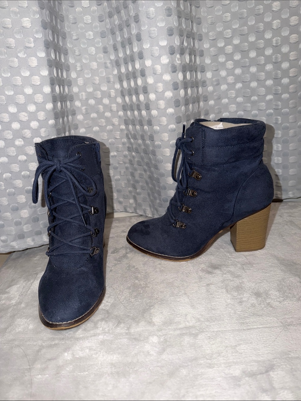 Navy Blue Suede Heel Boots